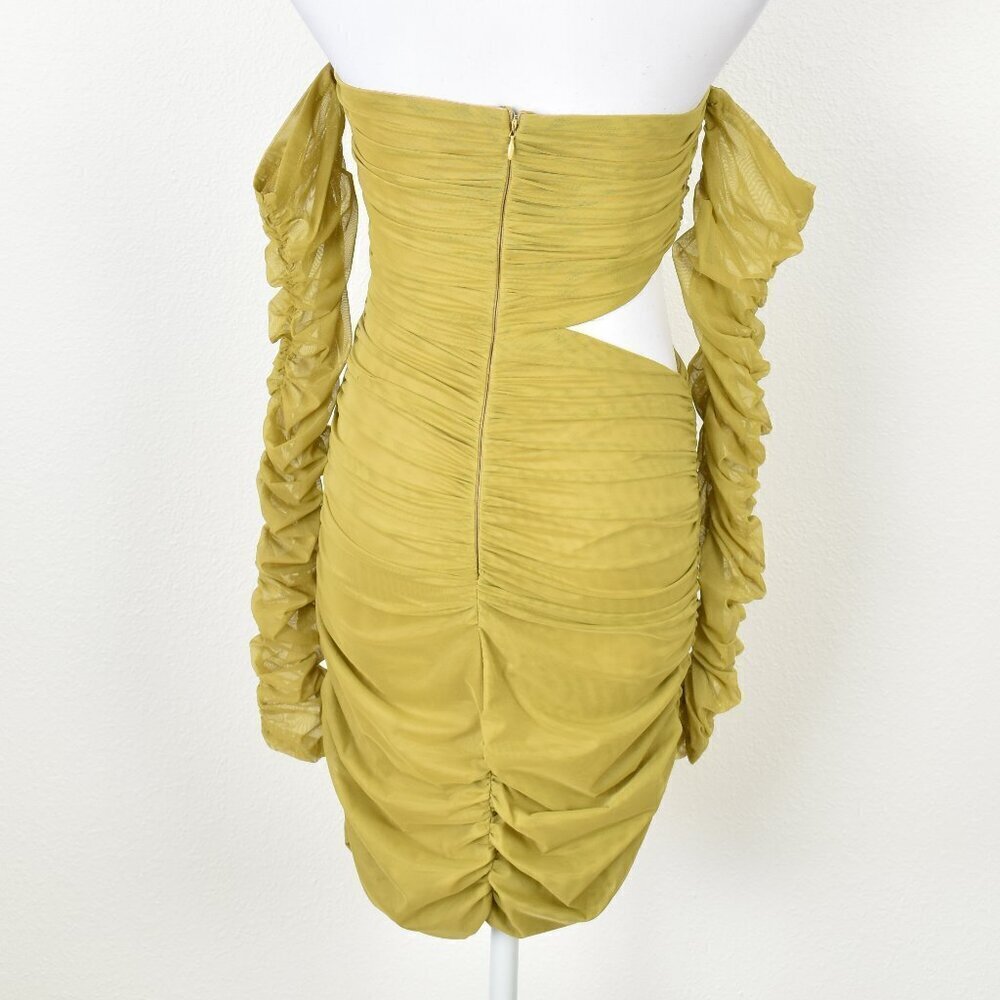 Miss Circle Ruched Chartreuse Cold Shoulder Bodycon Cut Out Dress - M - Picture 7 of 10